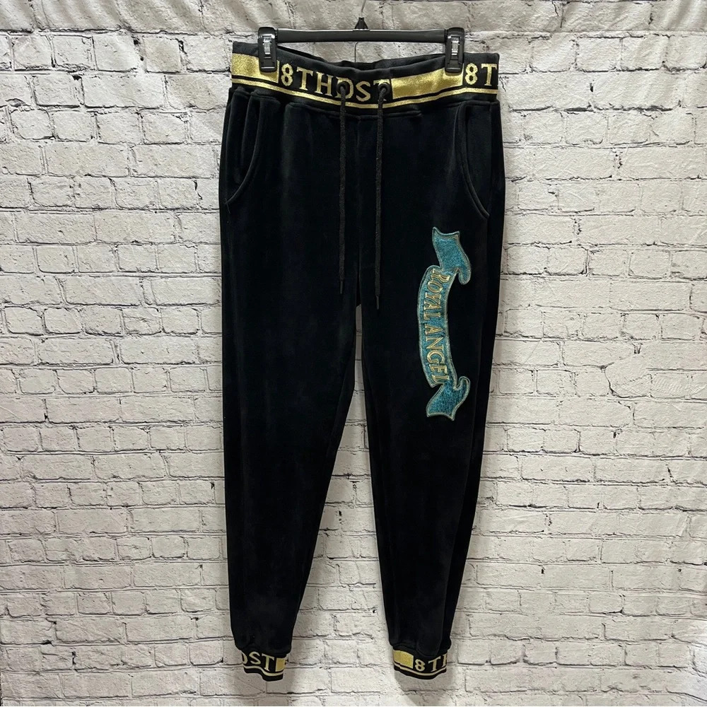 8IGHTH DSTRKT Men’s Black Velour Joggers XL Gold Trim Streetwear Athleisure